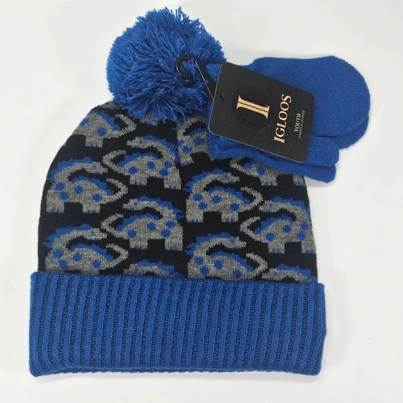 Igloos Youth Boy Toddler Dinosaur Knit Beanie Hat and Mittens Set Blue Size 2-4T - Picture 2 of 11